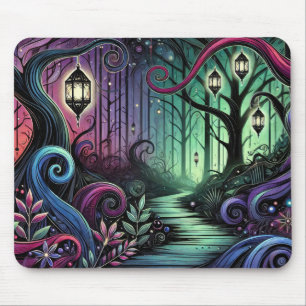 Enchanted Forest Path with Glowing Lanterns Mouse Pad