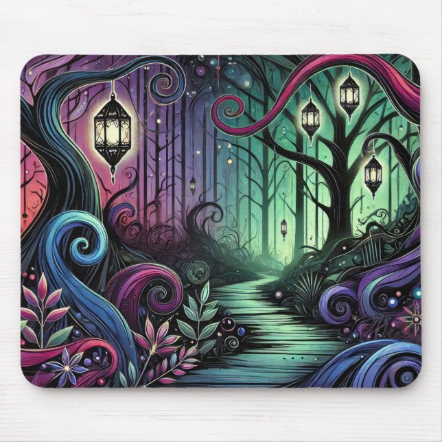 Enchanted Forest Path with Glowing Lanterns Mouse Pad (Front)