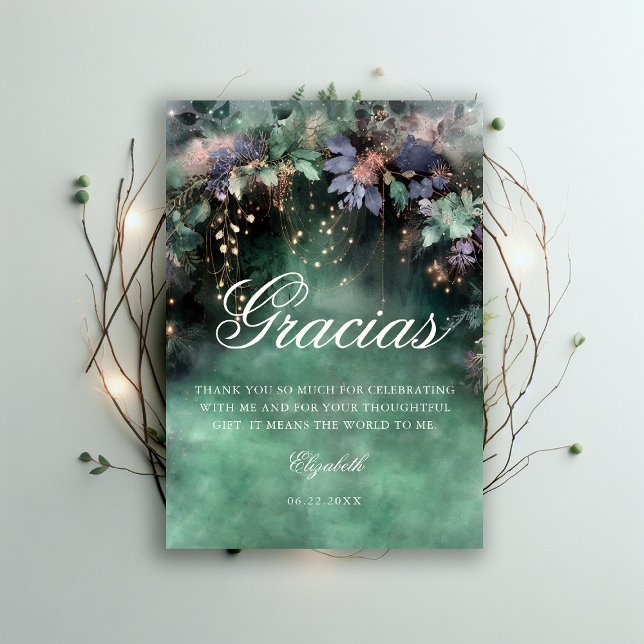 Enchanted Forest Periwinkle Woodland Quinceanera Thank You Card (enchanted forest quinceanera thank you card watercolor princess dress periwinkle emerald green)