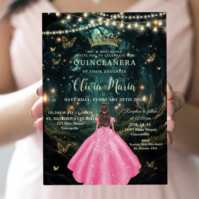 Enchanted Forest Pink Dress Girl Gold Quinceañera Invitation (Creator Uploaded)