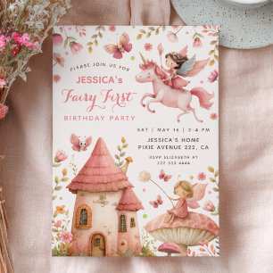 Enchanted Forest Pink Fairy First Birthday Party  Invitation