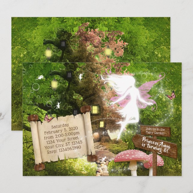 Enchanted Forest Pink Fairy Invitation (Front/Back)