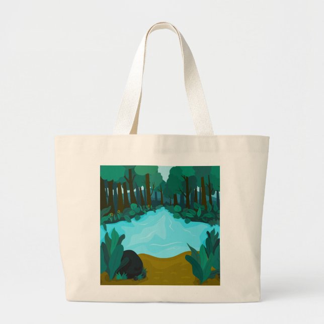 'Enchanted Forest Pond' Artistic Landscape Large Tote Bag (Front)
