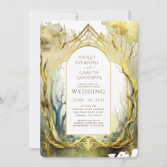 Enchanted Forest Portal Gold Frame Wedding  Invitation (Front)