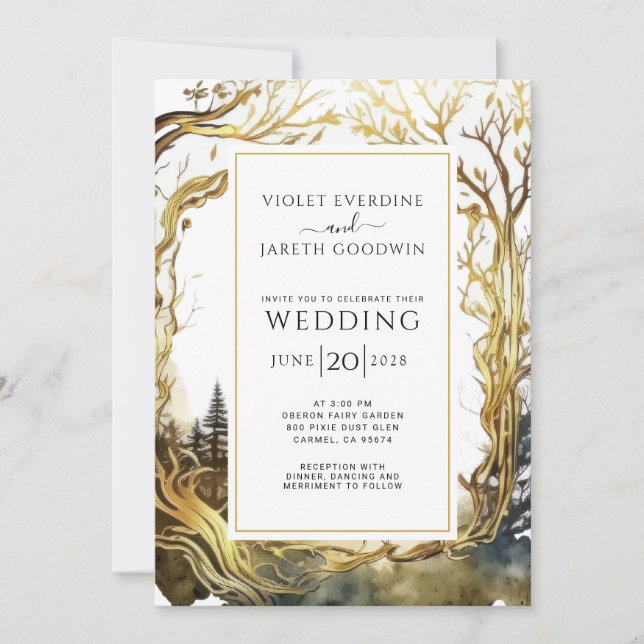 Enchanted Forest Portal Wedding Gold Trees Wedding Invitation (Front)
