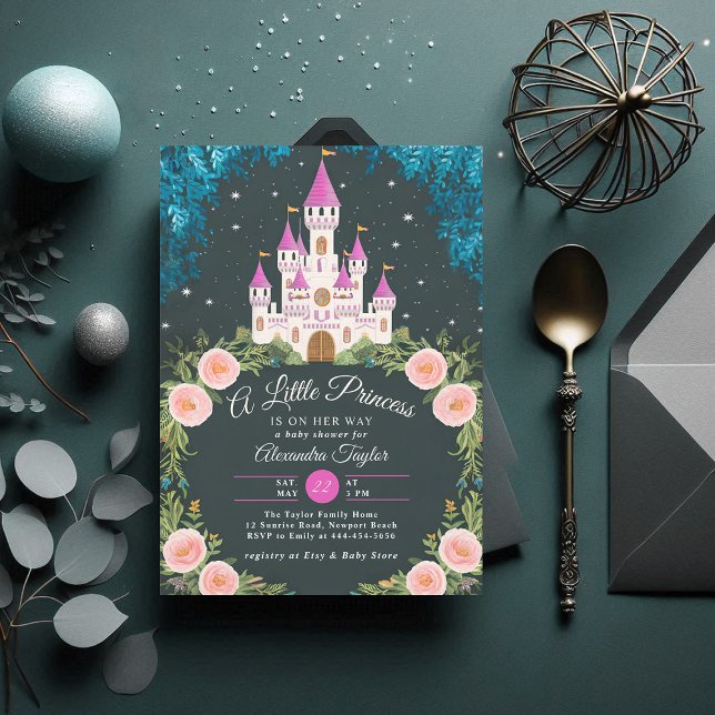 Enchanted Forest Princess Castle Baby Girl Shower Invitation (princess girl baby shower invitation enchanted forest magical castle roses frame greenery)
