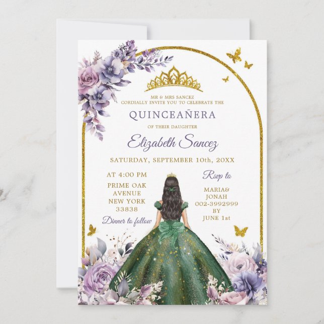 Enchanted Forest Purple Hunter Green Quinceañera Invitation (Front)
