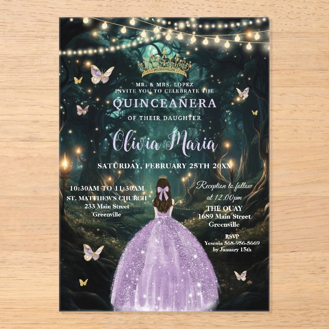 Enchanted Forest Purple Lilac Dress Quinceañera Acrylic Invitations (Front)