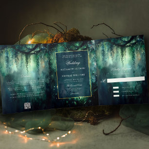 Enchanted Forest Romantic Green All in One Wedding Tri-Fold Invitation