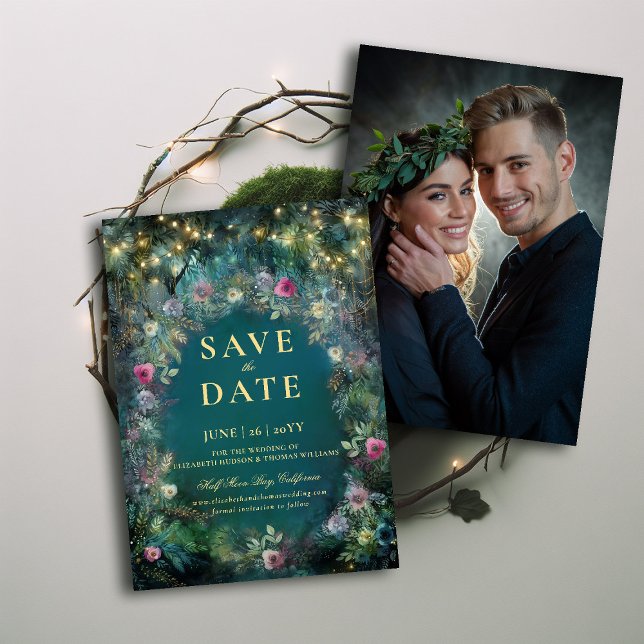 Enchanted Forest Rose Photo Wedding Save the Date Invitation (enchanted forest photo wedding save the date magical fairy tale woodland roses gold emerald green)