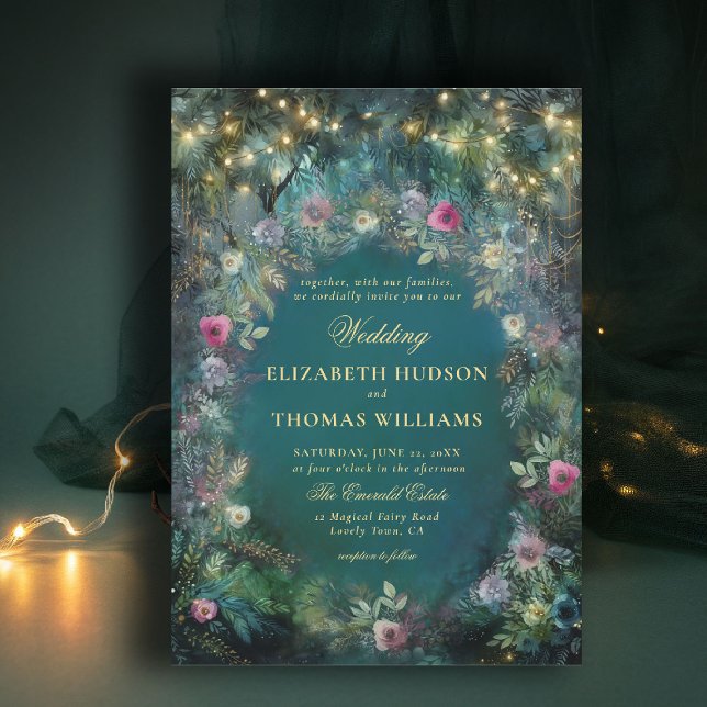 Enchanted Forest Roses Arch Woodland Gold Wedding Invitation (enchanted forest wedding theme emerald green gold invitation wild roses arch fairy tale storybook)