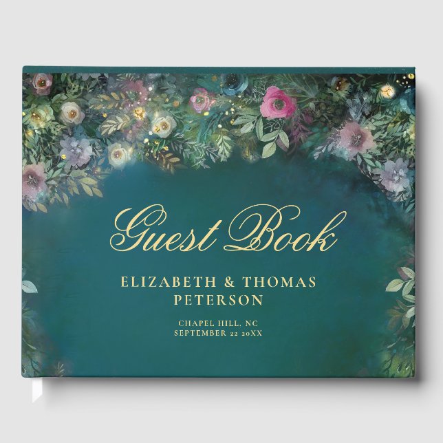 Enchanted Forest Roses Fairy Tale Emerald Wedding Guest Book (Front)