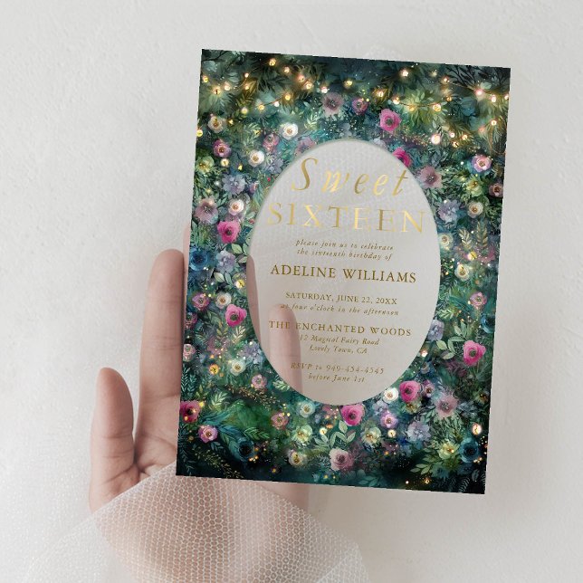 Enchanted Forest Roses Fairy Woodland Sweet 16 Acrylic Invitations (enchanted forest sweet sixteen photo invitation acrylic transparent roses greenery fairy woodland)