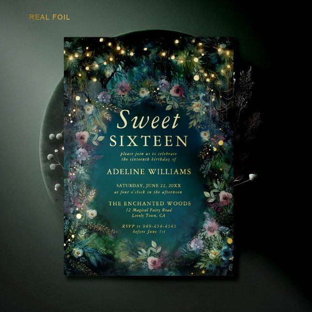 Enchanted Forest Roses Gold Light Magical Sweet 16 (enchanted forest sweet sixteen invitation magical woodland garden roses emerald green gold FOIL)