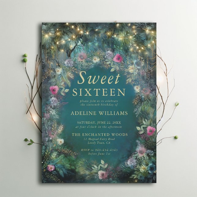 Enchanted Forest Roses Greenery Woodland Sweet 16 Invitation (enchanted forest sweet 16 theme invitation wild roses floral emerald gold woodland fairy greenery.)