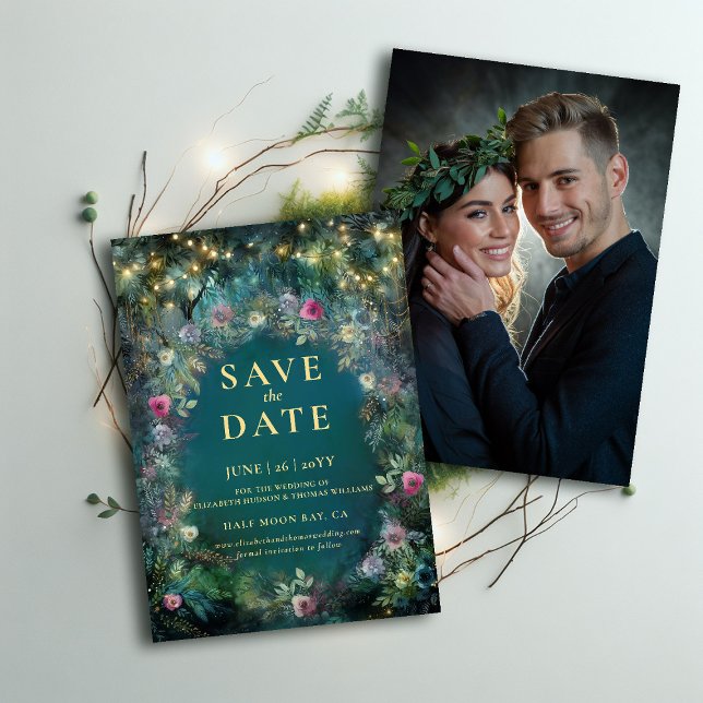 Enchanted Forest Roses Photo Wedding Save the Date Invitation (enchanted forest photo wedding save the date magical fairy tale woodland roses gold emerald green)