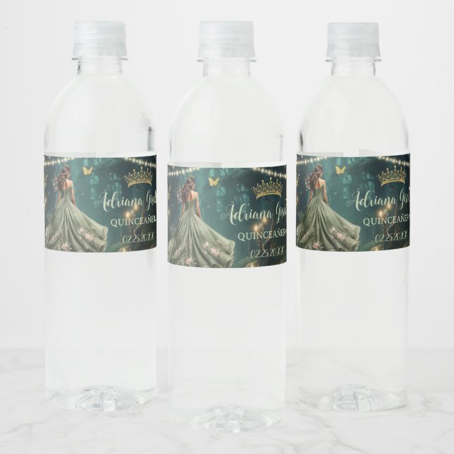 Enchanted Forest Sage Green Dress Quinceañera 16th Water Bottle Label (Bottles)