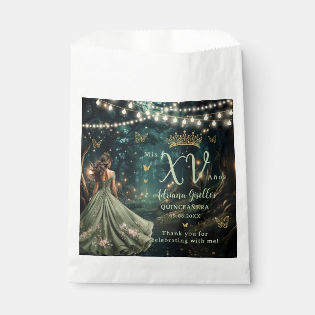 Enchanted Forest Sage Green Dress Quinceañera XV Favour Bags (Front)