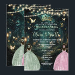 Enchanted Forest Sage Green Pink Twins Quinceañera Invitation<br><div class="desc">Personalise this enchanting starry night enchanted forest Quinceañera / Sweet 16 twins birthday invitation easily and quickly. Simply click the Edit Using Design Tools button to further edit the text, change font styles and font colours. Featuring a girl dressed in sage green dress, another girl dressed in a pink dress...</div>