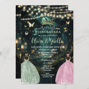 Enchanted Forest Sage Green Pink Twins Quinceañera Invitation