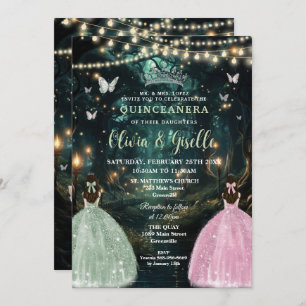 Enchanted Forest Sage Green Pink Twins Quinceañera Invitation