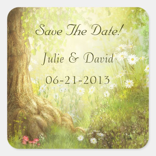 Enchanted Forest Scene Save The Date Square Sticker (Front)