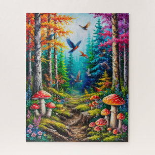 Enchanted Forest Scene with Colourful Birds Jigsaw Puzzle