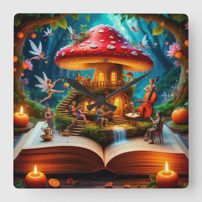 Enchanted Forest Setting With Fairies Square Wall Clock (Front)
