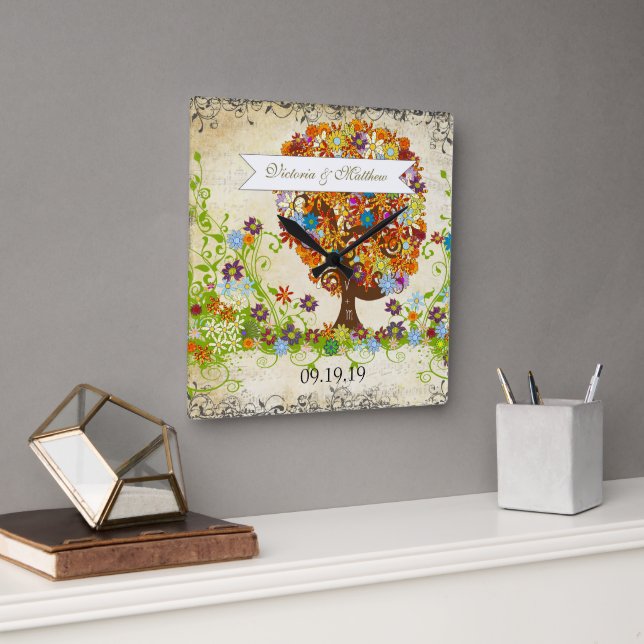 Enchanted Forest Side Branch Wedding Square Wall Clock (Office)