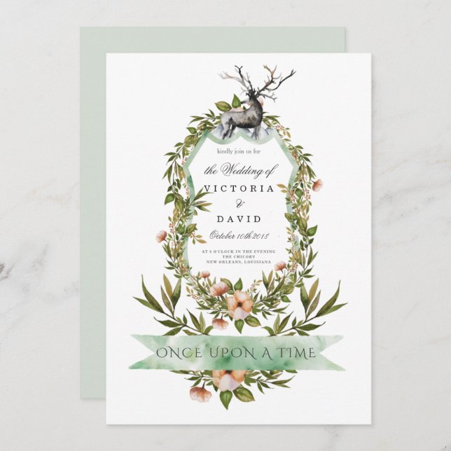 Enchanted Forest Stag Deer Floral Greenery Wedding Invitation (Front/Back)