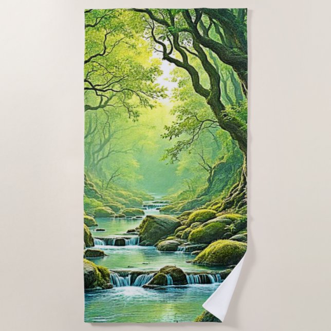 Enchanted Forest Stream Design Beach Towel (Front)