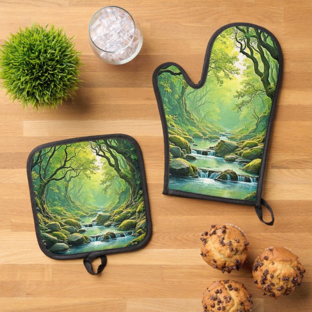 Enchanted Forest Stream Design Oven Mitt & Pot Holder Set (Top Down)