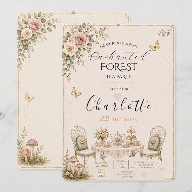 Enchanted Forest Tea Party Birthday Invitation (Front/Back)