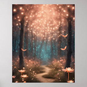 Enchanted Forest TEAL PEACH LITTLE LIGHTS Poster