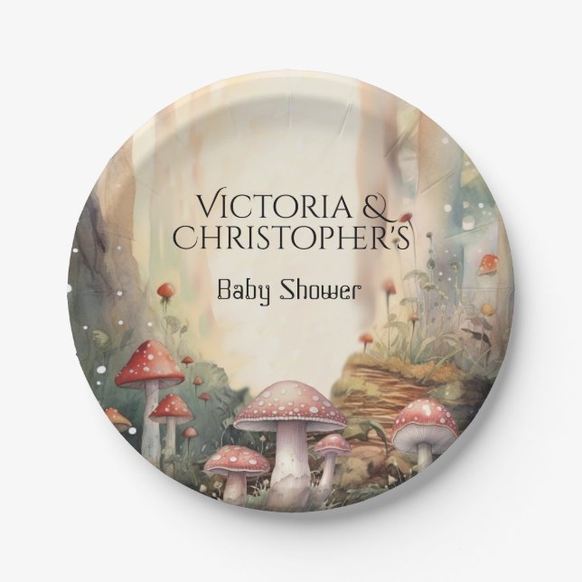 Enchanted Forest Toadstool Mushroom Baby Shower Paper Plate (Front)
