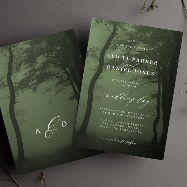Enchanted forest tree dark green wedding invitation (Creator Uploaded)