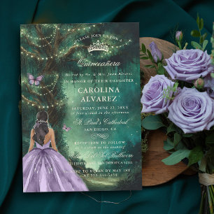 Enchanted Forest Tree Green Lavender Quinceanera Invitation