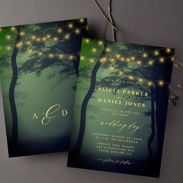Enchanted forest tree lights gold green wedding invitation (Creator Uploaded)