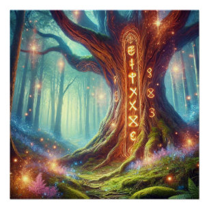 Enchanted Forest Tree with Glowing Runes - Magical Poster