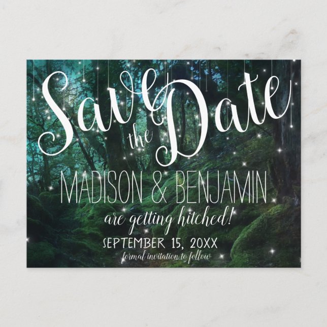Enchanted Forest Trees Fairy Lights Save the Date Postcard (Front)
