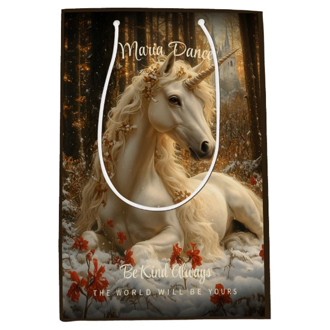 Enchanted Forest Unicorn Castle Fairytale Snow Medium Gift Bag (Front)