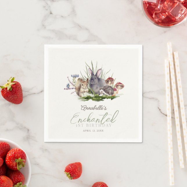 Enchanted Forest Woodland Animals Birthday Cream Napkin (Insitu)