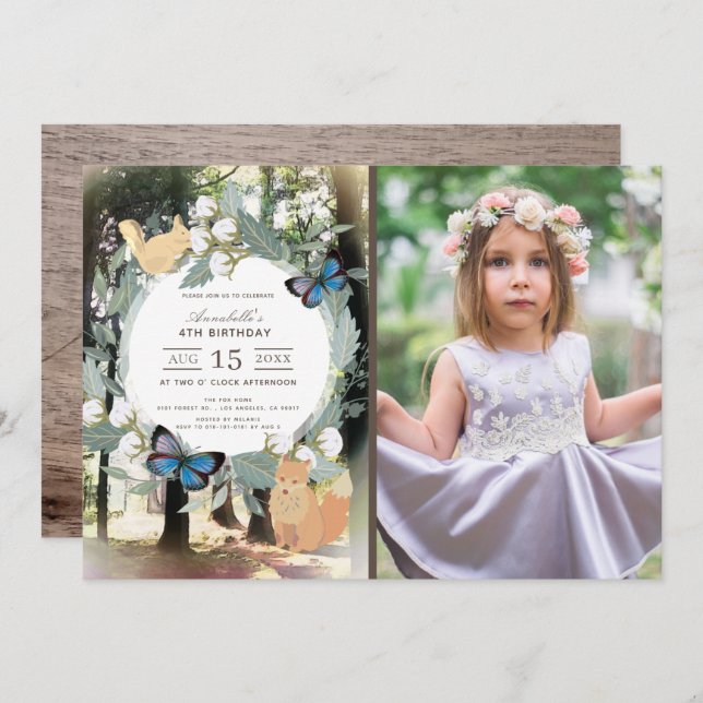 Enchanted Forest Woodland Animals Photo Birthday Invitation (Front/Back)
