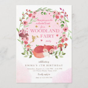 Enchanted Forest Woodland Fairy Pink Girl Birthday Invitation