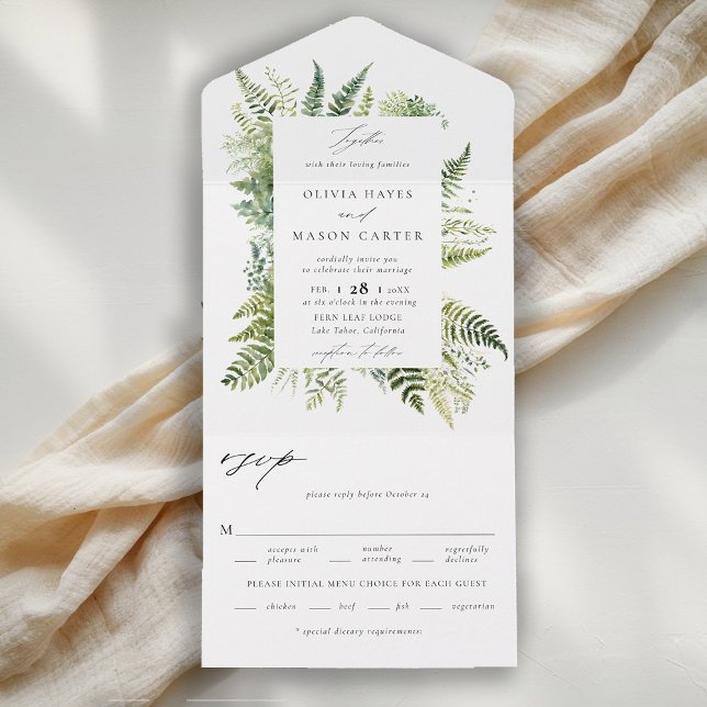 Enchanted Forest Woodland Ferns Elegant Wedding All In One Invitation (enchanted forest wedding invitation botanical frame ferns outdoors mountains nature garden all one)