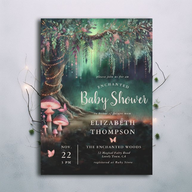 Enchanted Forest Woodland Mushrooms Baby Shower Invitation (enchanted forest baby shower theme invitation mushrooms butterflies emerald green pink woodland)