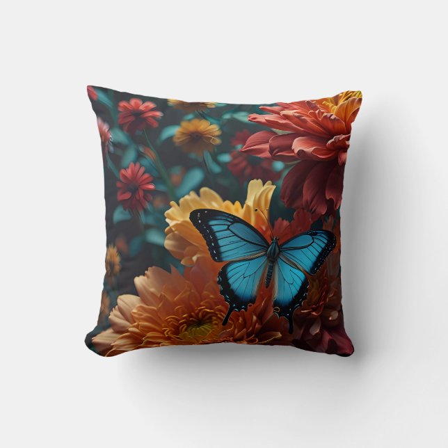 Enchanted Garden Blue Butterfly Vibrant Blooms Cushion (Front)