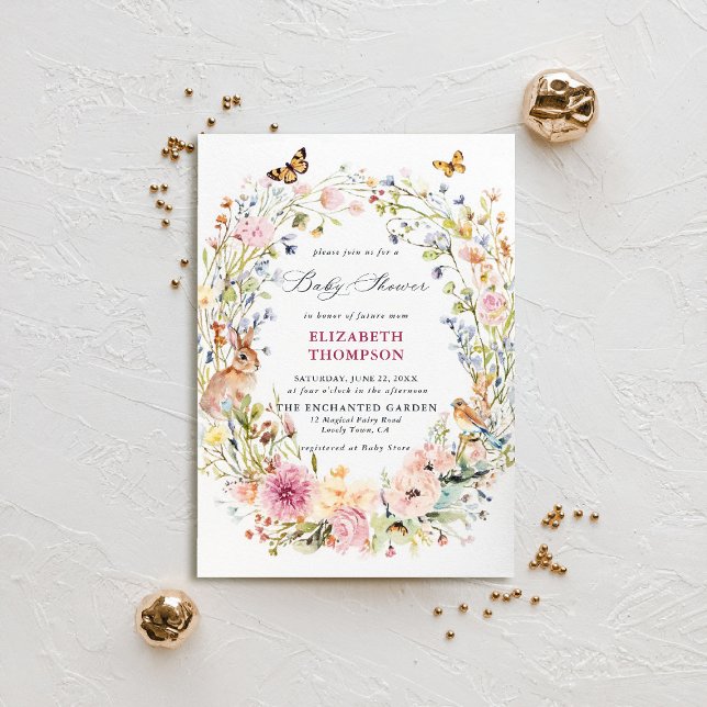 Enchanted Garden Bunny Bird Butterfly Baby Shower Invitation (enchanted garden baby shower invitation bunny rabbit bird butterflies watercolor woodland forest)
