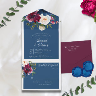Enchanted Garden Dusty Blue Burgundy Navy All In One Invitation