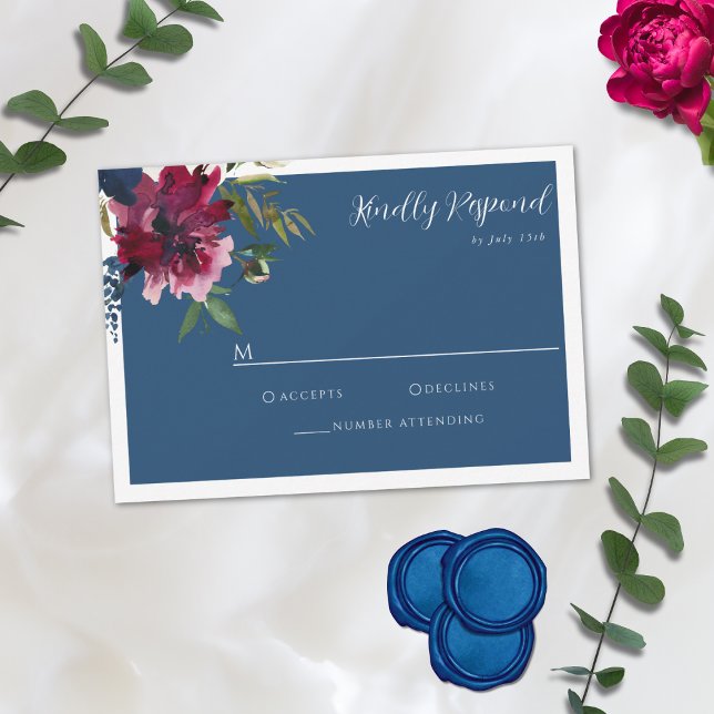 Enchanted Garden Dusty Blue Burgundy Navy RSVP Card (Creator Uploaded)